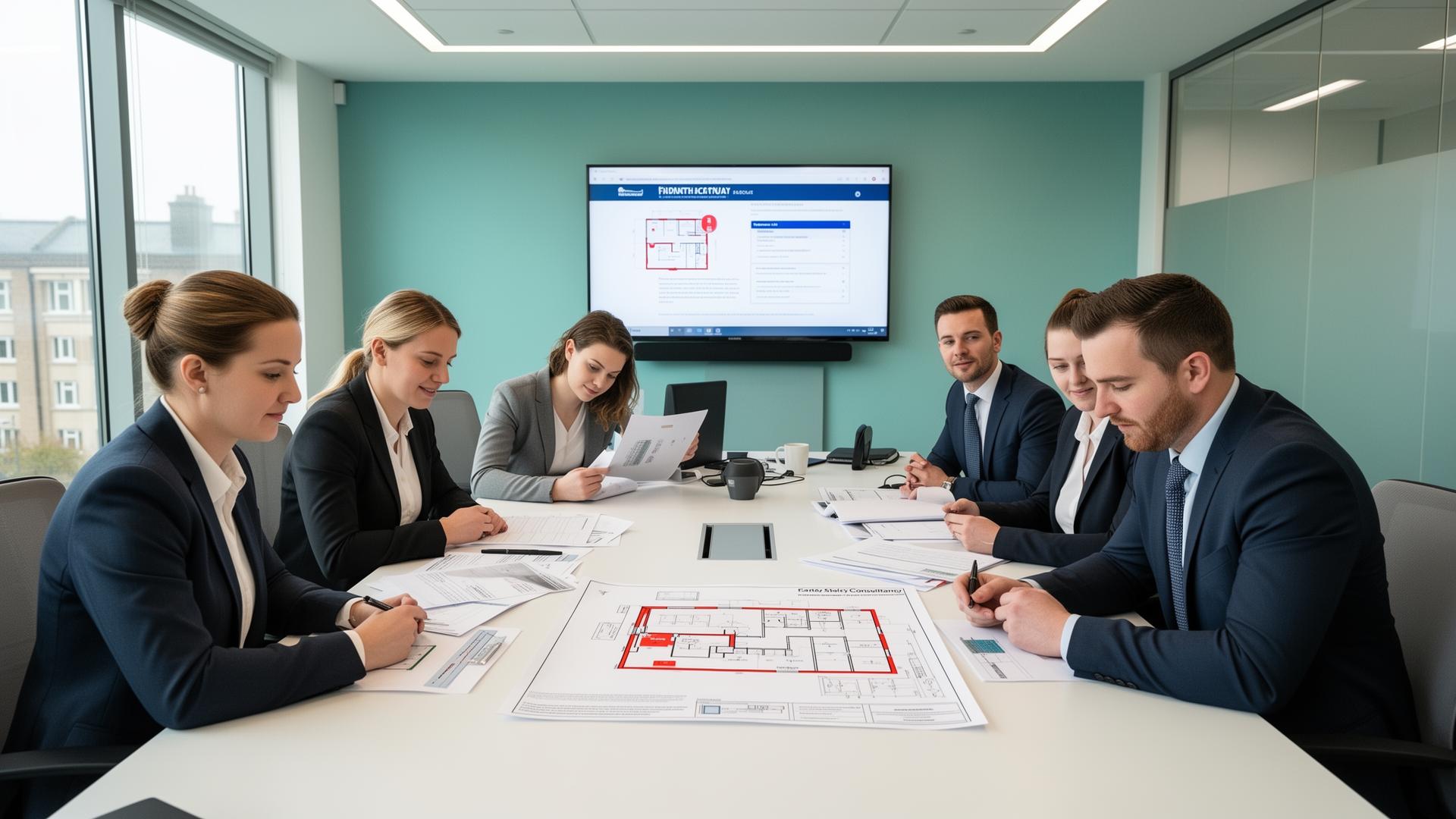 Assure Safety NI consultancy team reviewing a fire safety plan in a modern boardroom
