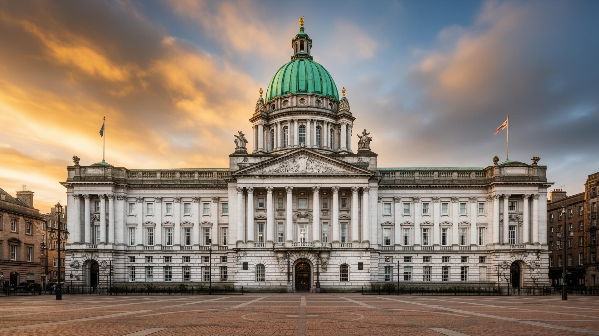 Belfast City Hall, the iconic neo-baroque landmark serving as the centrepiece of Assure Safety NI's Northern Ireland coverage